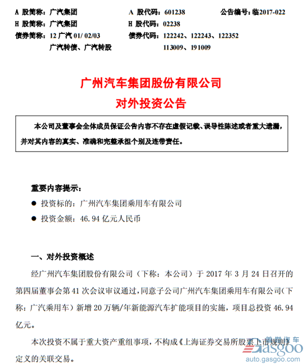 任性！广汽集团为新能源汽车扩能项目豪掷46.94 亿