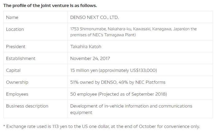 电装与NEC平台成立DENSO NEXT合资公司 提升座舱相关车载产品的性能