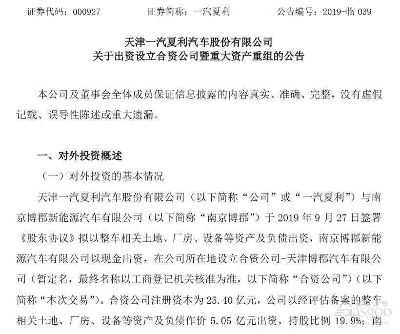 博郡与一汽夏利合资公司落地：出资20.34亿元/持股80.1%