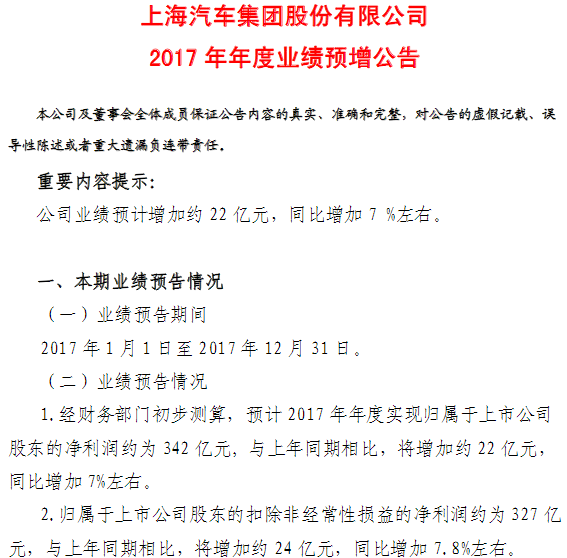 2017年上市乘用车业绩预报：上汽一家独大 夏利巨亏16.5亿