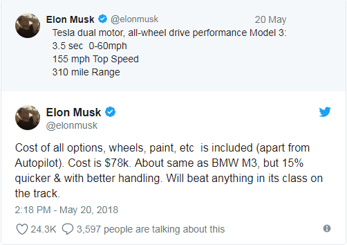 更快更强 特斯拉发布Model 3双电机四驱版和性能版
