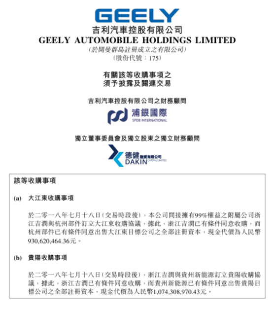吉利汽车作价31.73亿元收购3个汽车项目公司全部股权