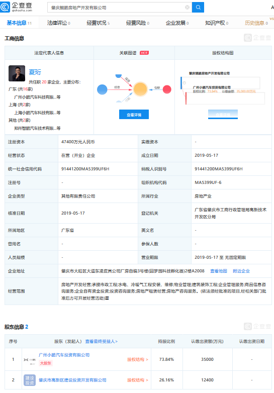 小鹏汽车注资4.74亿元成立房产公司 称“为肇庆工厂运营做准备”