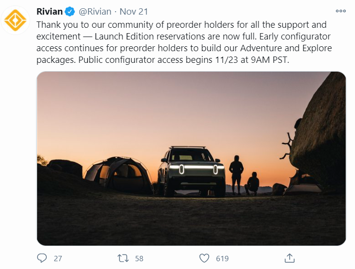 订单火爆！ Rivian首发版电动皮卡和SUV一周内售罄