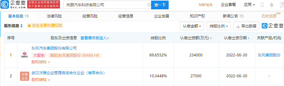 东风集团股份参股，岚图成立科技公司 注资26.1亿