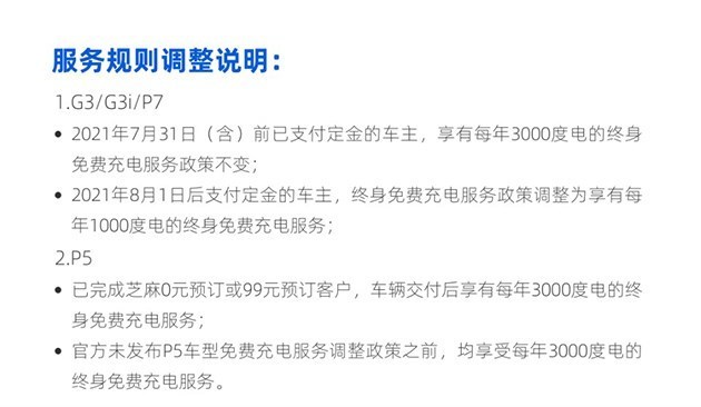 小鹏调整免费充电政策 8月1日后订车免费充电调整为1000度/年